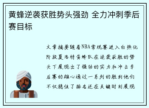 黄蜂逆袭获胜势头强劲 全力冲刺季后赛目标