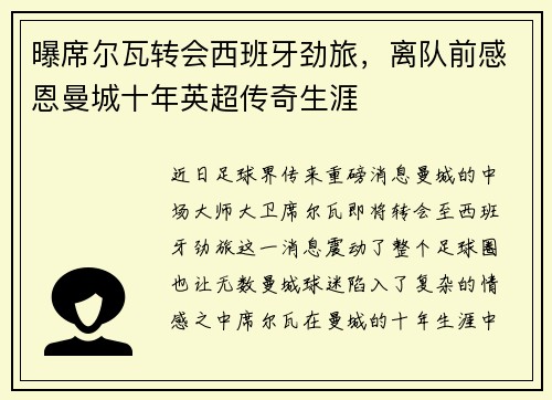 曝席尔瓦转会西班牙劲旅，离队前感恩曼城十年英超传奇生涯