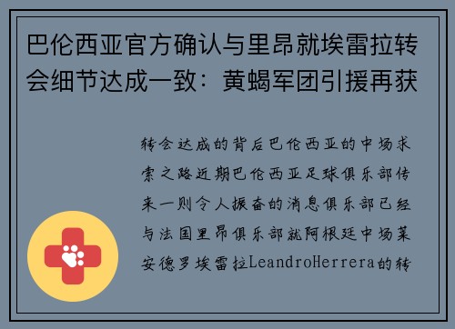 巴伦西亚官方确认与里昂就埃雷拉转会细节达成一致：黄蝎军团引援再获重要战利品