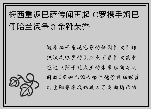 梅西重返巴萨传闻再起 C罗携手姆巴佩哈兰德争夺金靴荣誉