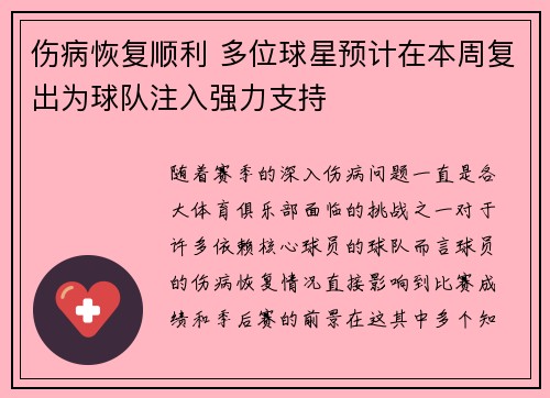 伤病恢复顺利 多位球星预计在本周复出为球队注入强力支持