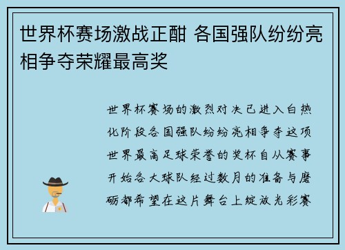 世界杯赛场激战正酣 各国强队纷纷亮相争夺荣耀最高奖